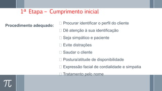 1ª Etapa – Cumprimento inicial
Procedimento adequado:
Procurar identificar o perfil do cliente
Dê atenção à sua identificação
Seja simpático e paciente
Evite distrações
Saudar o cliente
Postura/atitude de disponibilidade
Expressão facial de cordialidade e simpatia
Tratamento pelo nome
 