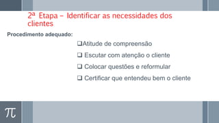 2ª Etapa – Identificar as necessidades dos
clientes
Procedimento adequado:
Atitude de compreensão
 Escutar com atenção o cliente
 Colocar questões e reformular
 Certificar que entendeu bem o cliente
 