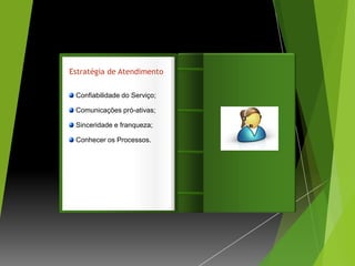 Estratégia de Atendimento

 Confiabilidade do Serviço;

 Comunicações pró-ativas;     Introdução
 Sinceridade e franqueza;

 Conhecer os Processos.
 