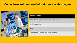 Como deve agir um vendedor durante a abordagem
Observar o cliente
Deixar claro para o cliente que notou sua presença
Dirigir-se ao cliente
Sorrir
Cumprimentar o cliente : Bom dia ou Boa noite
 