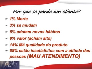 Por que se perde um cliente?
 3% se mudam
 1% Morte
 5% adotam novos hábitos
 9% valor (acham alto)
 14% Má qualidade do produto
 68% estão insatisfeitos com a atitude das
pessoas (MAU ATENDIMENTO)
 