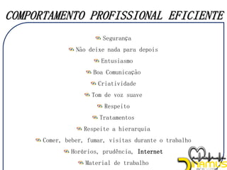 Segurança
Não deixe nada para depois
Entusiasmo
Boa Comunicação
Criatividade
Tom de voz suave
Respeito
Tratamentos
Respeite a hierarquia
Comer, beber, fumar, visitas durante o trabalho
Horários, prudência, Internet
Material de trabalho
 