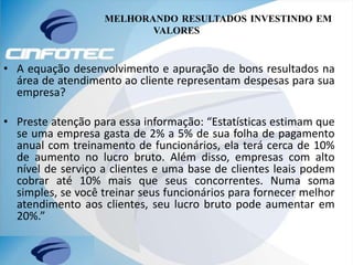MELHORANDO RESULTADOS INVESTINDO EM
VALORES
• A equação desenvolvimento e apuração de bons resultados na
área de atendimento ao cliente representam despesas para sua
empresa?
• Preste atenção para essa informação: “Estatísticas estimam que
se uma empresa gasta de 2% a 5% de sua folha de pagamento
anual com treinamento de funcionários, ela terá cerca de 10%
de aumento no lucro bruto. Além disso, empresas com alto
nível de serviço a clientes e uma base de clientes leais podem
cobrar até 10% mais que seus concorrentes. Numa soma
simples, se você treinar seus funcionários para fornecer melhor
atendimento aos clientes, seu lucro bruto pode aumentar em
20%.”
 