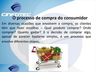 O processo de compra do consumidor
Em diversas ocasiões que envolvem a compra, os clientes
têm que fazer escolhas – Qual produto comprar? Onde
comprar? Quanto gastar? E a decisão de comprar algo,
apesar de parecer bastante simples, é um processo que
envolve diferentes etapas.
 