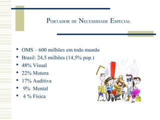 PORTADOR DE NECESSIDADE ESPECIAL
 OMS – 600 milhões em todo mundo
 Brasil: 24,5 milhões (14,5% pop.)
 48% Visual
 22% Motora
 17% Auditiva
 9% Mental
 4 % Física
 