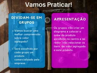 DIVIDAM-SE EM
GRUPOS
Vamos buscar uma
melhor compreensão
sobre valor
agregado?
Será escolhido por
cada grupo um
produto
comercializado pela
empresa.
Os grupos irão criar um
diagrama e colocar o
nome do produto
escolhido no centro e ao
redor irão relacionar os
itens de valor agregado
a este produto.
APRESENTAÇÃO
Vamos Praticar!
 