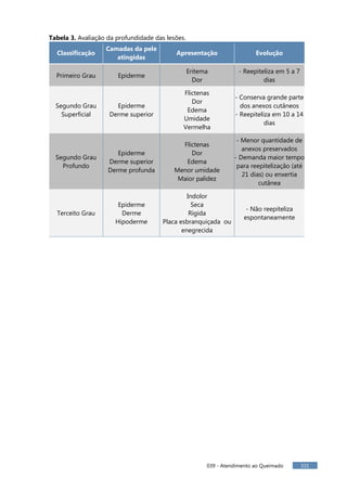 039 - Atendimento ao Queimado 331
Tabela 3. Avaliação da profundidade das lesões.
Classificação
Camadas da pele
atingidas
Apresentação Evolução
Primeiro Grau Epiderme
Eritema
Dor
- Reepiteliza em 5 a 7
dias
Segundo Grau
Superficial
Epiderme
Derme superior
Flictenas
Dor
Edema
Umidade
Vermelha
- Conserva grande parte
dos anexos cutâneos
- Reepiteliza em 10 a 14
dias
Segundo Grau
Profundo
Epiderme
Derme superior
Derme profunda
Flictenas
Dor
Edema
Menor umidade
Maior palidez
- Menor quantidade de
anexos preservados
- Demanda maior tempo
para reepitelização (até
21 dias) ou enxertia
cutânea
Terceito Grau
Epiderme
Derme
Hipoderme
Indolor
Seca
Rígida
Placa esbranquiçada ou
enegrecida
- Não reepiteliza
espontaneamente
 
