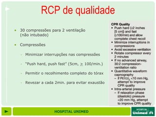 RCP de qualidade
• 30 compressões para 2 ventilação
  (não intubado)

• Compressões

   -   Minimizar interrupções nas compressões

   -   “Push hard, push fast” (5cm, > 100/min.)

   -   Permitir o recolhimento completo do tórax

   -   Revezar a cada 2min. para evitar exaustão




                      HOSPITAL UNIMED
 