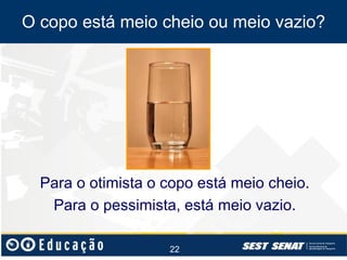 O copo está meio cheio ou meio vazio?

Para o otimista o copo está meio cheio.
Para o pessimista, está meio vazio.
22

 