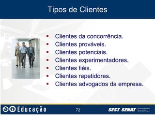 Tipos de Clientes








Clientes da concorrência.
Clientes prováveis.
Clientes potenciais.
Clientes experimentadores.
Clientes fiéis.
Clientes repetidores.
Clientes advogados da empresa.

72

 
