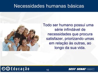 Necessidades humanas básicas

Todo ser humano possui uma
série infindável de
necessidades que procura
satisfazer, priorizando umas
em relação às outras, ao
longo da sua vida.

10

 