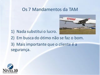 Os 7 Mandamentos da TAM
1) Nada substitui o lucro.
2) Em busca do ótimo não se faz o bom.
3) Mais importante que o cliente é a
segurança.
 