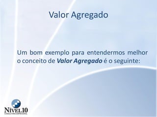 Valor Agregado
Um bom exemplo para entendermos melhor
o conceito de Valor Agregado é o seguinte:
 