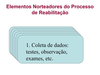 Elementos Norteadores do Processo
de Reabilitação
1. Coleta de dados:
testes, observação,
exames, etc.
 