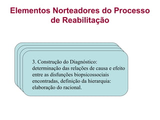 Elementos Norteadores do Processo
de Reabilitação
3. Construção do Diagnóstico:
determinação das relações de causa e efeito
entre as disfunções biopsicossociais
encontradas, definição da hierarquia:
elaboração do racional.
 