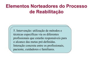 Elementos Norteadores do Processo
de Reabilitação
5. Intervenção: utilização de métodos e
técnicas específicas via os diferentes
profissionais que estarão responsáveis para
o alcance das metas pré-definidas.
Interação concreta entre os profissionais,
paciente, cuidadores e familiares.
 
