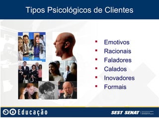 Tipos Psicológicos de Clientes


                      Emotivos
                      Racionais
                      Faladores
                      Calados
                      Inovadores
                      Formais
 