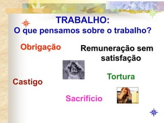 TRABALHO:
O que pensamos sobre o trabalho?
Obrigação
Castigo
Remuneração sem
satisfação
Tortura
Sacrifício
 