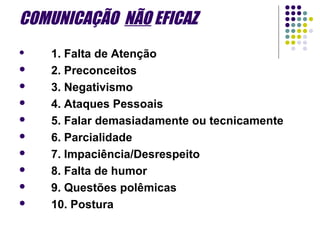 COMUNICAÇÃO NÃO EFICAZ












1. Falta de Atenção
2. Preconceitos
3. Negativismo
4. Ataques Pessoais
5. Falar demasiadamente ou tecnicamente
6. Parcialidade
7. Impaciência/Desrespeito
8. Falta de humor
9. Questões polêmicas
10. Postura

 