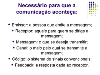 Necessário para que a
comunicação aconteça:
 Emissor:

a pessoa que emite a mensagem;
 Receptor: aquele para quem se dirige a
mensagem;
 Mensagem: o que se deseja transmitir;
 Canal: o meio pelo qual se transmite a
mensagem;
 Código: o sistema de sinais convencionais;
 Feedback: a resposta dada ao receptor.

 