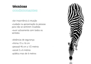 -dar importância à intuição
-cuidado na aproximação às pessoas
para não se sentirem invadidas
-ouvir activamente com todos os
sentidos
-distâncias de segurança:
-íntima: 15 a 16 cm
-pessoal: 46 cm a 1/2 metros
-social: 2 a 6 metros
-pública: mais de 6 metros
técnicas
condicionantes
 