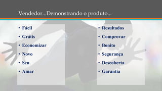 Vendedor...Demonstrando o produto...
• Fácil
• Grátis
• Economizar
• Novo
• Seu
• Amar
• Resultados
• Comprovar
• Bonito
• Segurança
• Descoberta
• Garantia
 