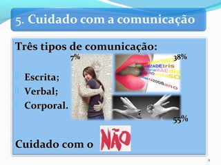 Três tipos de comunicação:Três tipos de comunicação:
 Escrita;Escrita;
 Verbal;Verbal;
 Corporal.Corporal.
Cuidado com oCuidado com o !!
55%55%
38%38%7%7%
9
 