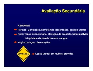 ABDOMEN
ABDOMEN
Períneo: Contusões, hematomas lascerações, sangue uretral
Períneo: Contusões, hematomas lascerações, sangue uretral
Reto: Tonus esfincteriano, elevação da próstata, fratura pélvica
Reto: Tonus esfincteriano, elevação da próstata, fratura pélvica
Avaliação Secundária
Avaliação Secundária
integridade da parede do reto, sangue
integridade da parede do reto, sangue
Vagina: sangue , lascerações
Vagina: sangue , lascerações
CUIDADO! Lesão uretral em mulher, gravidez
Lesão uretral em mulher, gravidez
 