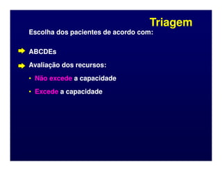 Triagem
Triagem
Escolha dos pacientes de acordo com:
Escolha dos pacientes de acordo com:
ABCDEs
ABCDEs
Avaliação dos recursos:
Avaliação dos recursos:
•
• Não excede
Não excede a capacidade
a capacidade
•
• Excede
Excede a capacidade
a capacidade
 