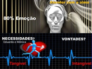 80% Emoção
Atender com a alma
NECESSIDADES? VONTADES?
Tangível Intangível
Eduardo e Mônica
 