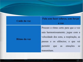 Cuide da voz
Fala sem fazer esforço, sem forçar
a voz
Ritmo da voz
Procure o ritmo certo para que a voz
saia harmoniosamente; jogue com a
velocidade dos sons, a respiração, as
pausas e os silêncios; o que vai
permitir que as emoções se
transmitam.
Formadora: A.F. Atendimento e bem-estar no espaço comercial 30
 