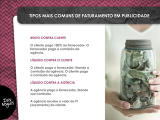 BRUTO CONTRA CLIENTE
O cliente paga 100% ao fornecedor. O
fornecedor paga a comissão da
agência.
LÍQUIDO CONTRA O CLIENTE
O cliente paga o fornecedor, tirando a
comissão da agência. O cliente paga
a comissão da agência.
LÍQUIDO CONTRA A AGÊNCIA
A agência paga o fornecedor, tirando
sua comissão.
A agência recebe o valor do PI
(orçamento) do cliente.
TIPOS MAIS COMUNS DE FATURAMENTO EM PUBLICIDADE
 