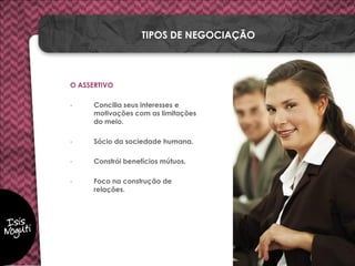 O ASSERTIVO
- Concilia seus interesses e
motivações com as limitações
do meio.
- Sócio da sociedade humana.
- Constrói benefícios mútuos.
- Foco na construção de
relações.
TIPOS DE NEGOCIAÇÃO
 