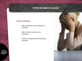 O NÃO ASSERTIVO
- Não expressa suas posições e
desejos.
- Não é ativo na busca de
soluções.
- Pode se arrepender da posição
tomada.
TIPOS DE NEGOCIAÇÃO
 