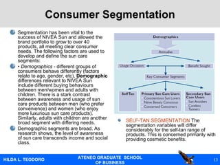 Consumer Segmentation Segmentation has been vital to the success of NIVEA Sun and allowed the brand portfolio to grow to over 40 products, all meeting clear consumer needs. The following factors are used to develop and define the sun care segments: •  Demographics  - different groups of consumers behave differently (factors relate to age, gender, etc).  Demographic  differences relevant to NIVEA Sun include different buying behaviours between men/women and adults with children. There is a stark contrast between awareness and usage of sun care products between men (who prefer convenience) and women (who enjoy more luxurious sun care products). Similarly, adults with children are another broad segment with differing needs. Demographic segments are broad. As research shows, the level of awareness of sun care transcends income and social class. SELF-TAN SEGMENTATION   The segmentation variables will differ considerably for the self-tan range of products. This is concerned primarily with providing cosmetic benefits. 