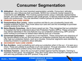 Consumer Segmentation Attitudinal  – this is the most important segmentation variable. Consumers’ attitudes towards sun care influences their purchases. NIVEA Sun conducts market research to understand user  attitudes . This involves questionnaires using a nationally representative sample, and more intensive research with small groups, to discuss individual skin protection habits and preferences. This has identified 5 distinct groups for protection and after sun: PRIMARY SUN CARE USERS Conscientious Sun Lovers  - adore sunshine and like to use a trustworthy brand with suitable protection factors. They know about sun care and use this knowledge to purchase suitable products for their skin. Naive Beauty Conscious  - like to have a good sun tan. They recognise that sun protection is important but fail to understand about Sun Protection Factors (SPFs). These consumers may still be interested in the core features of a sun protection product (e.g. SPF) and be more inclined to purchase an added-value offering such as a mousse. Concerned Consumers  – ‘a good tan is not important’. These consumers are conscious of the harmful effects of the sun and purchase sun protection products that are most likely to offer high sun protection factors. such as a mousse. Consumer segments were identified by analysing answers to questions about attitudes. SECONDARY SUN CARE USERS Sun Avoiders  - avoid sunbathing and using sun protection when in the sun - it is seen as a chore. These are unlikely to purchase a sun care product. Through education, this segment may be convinced to protect using more easy-to apply such as sprays Careless Tanners  - adore the sun but don’t protect against harmful dangers. Tanning is important to this group, not protection. They don’t worry about the long-term damage to their skin and may purchase a low SPF product, if any at all. 