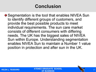 Conclusion Segmentation is the tool that enables NIVEA Sun to identify different groups of customers, and provide the best possible products to meet individual requirements. The sun care market consists of different consumers with differing needs. The UK has the biggest sales of NIVEA Sun within Europe. Understanding segmentation enables NIVEA Sun to maintain a Number 1 value position in protection and after sun in the UK. 
