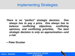 There is no “perfect” strategic decision.  One always has to pay a price.  One always has to balance conflicting objectives, conflicting opinions, and conflicting priorities.  The best strategic decision is only an approximation—and a risk --  Peter Drucker Implementing Strategies 