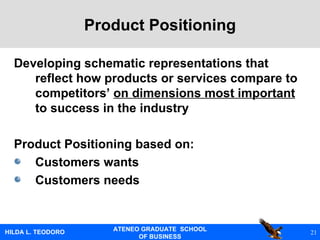 Developing schematic representations that reflect how products or services compare to competitors’  on dimensions most important  to success in the industry Product Positioning based on: Customers wants Customers needs Product Positioning 