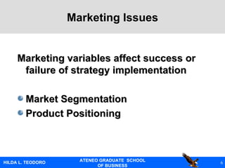 Marketing variables affect success or failure of strategy implementation Market Segmentation Product Positioning Marketing Issues 