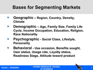 Geographic  – Region, Country, Density, Climate Demographic  – Age, Family Size, Family Life Cycle, Income Occupation, Education, Religion, Race Nationality Psychographic  - Social Class, Lifestyle, Personality Behavioral  - Use occasion, Benefits sought, User status, Usage rate, Loyalty status, Readiness Stage, Attitude toward product Bases for Segmenting Markets 