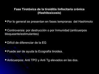 Fase Tirotóxica de la tiroiditis linfocitaria crónica
(Hashitoxicosis)
Por lo general se presentan en fases tempranas del Hashimoto
Controversia: por destrucción o por Inmunidad (anticuerpos
bloqueante/estimulantes)
Difícil de diferenciar de la EG
Puede ser de ayuda la Ecografía tiroidea.
Anticuerpos: Anti TPO y Anti Tg elevados en las dos.
 