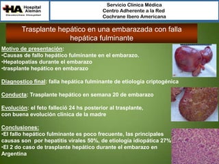 Servicio Clínica Médica
Centro Adherente a la Red
Cochrane Ibero Americana

Trasplante hepático en una embarazada con falla
hepática fulminante
Motivo de presentación:
•Causas de fallo hepático fulminante en el embarazo.
•Hepatopatías durante el embarazo
•trasplante hepático en embarazo
Diagnostico final: falla hepática fulminante de etiología criptogénica
Conducta: Trasplante hepático en semana 20 de embarazo
Evolución: el feto falleció 24 hs posterior al trasplante,
con buena evolución clínica de la madre

Conclusiones:
•El fallo hepático fulminante es poco frecuente, las principales
causas son por hepatitis virales 50%, de etiología idiopática 27%
•El 2 do caso de trasplante hepático durante el embarazo en
Argentina

 