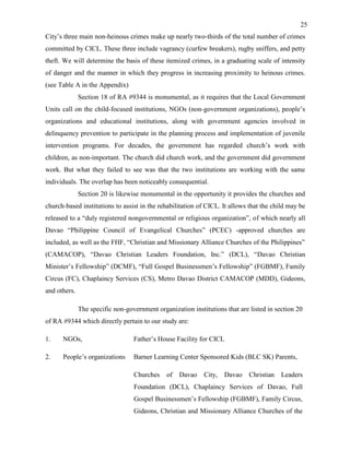 25
City’s three main non-heinous crimes make up nearly two-thirds of the total number of crimes
committed by CICL. These three include vagrancy (curfew breakers), rugby sniffers, and petty
theft. We will determine the basis of these itemized crimes, in a graduating scale of intensity
of danger and the manner in which they progress in increasing proximity to heinous crimes.
(see Table A in the Appendix)
Section 18 of RA #9344 is monumental, as it requires that the Local Government
Units call on the child-focused institutions, NGOs (non-government organizations), people’s
organizations and educational institutions, along with government agencies involved in
delinquency prevention to participate in the planning process and implementation of juvenile
intervention programs. For decades, the government has regarded church’s work with
children, as non-important. The church did church work, and the government did government
work. But what they failed to see was that the two institutions are working with the same
individuals. The overlap has been noticeably consequential.
Section 20 is likewise monumental in the opportunity it provides the churches and
church-based institutions to assist in the rehabilitation of CICL. It allows that the child may be
released to a “duly registered nongovernmental or religious organization”, of which nearly all
Davao “Philippine Council of Evangelical Churches” (PCEC) -approved churches are
included, as well as the FHF, “Christian and Missionary Alliance Churches of the Philippines”
(CAMACOP), “Davao Christian Leaders Foundation, Inc.” (DCL), “Davao Christian
Minister’s Fellowship” (DCMF), “Full Gospel Businessmen’s Fellowship” (FGBMF), Family
Circus (FC), Chaplaincy Services (CS), Metro Davao District CAMACOP (MDD), Gideons,
and others.
The specific non-government organization institutions that are listed in section 20
of RA #9344 which directly pertain to our study are:
1. NGOs, Father’s House Facility for CICL
2. People’s organizations Barner Learning Center Sponsored Kids (BLC SK) Parents,
Churches of Davao City, Davao Christian Leaders
Foundation (DCL), Chaplaincy Services of Davao, Full
Gospel Businessmen’s Fellowship (FGBMF), Family Circus,
Gideons, Christian and Missionary Alliance Churches of the
 
