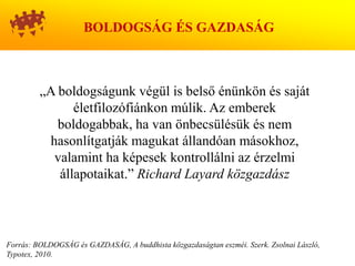 BOLDOGSÁG ÉS GAZDASÁG



         „A boldogságunk végül is belső énünkön és saját
               életfilozófiánkon múlik. Az emberek
            boldogabbak, ha van önbecsülésük és nem
          hasonlítgatják magukat állandóan másokhoz,
           valamint ha képesek kontrollálni az érzelmi
            állapotaikat.” Richard Layard közgazdász




Forrás: BOLDOGSÁG és GAZDASÁG, A buddhista közgazdaságtan eszméi. Szerk. Zsolnai László,
Typotex, 2010.
 
