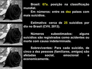 Brasil: 67a. posição na classificação
mundial.
Em números: entre os dez países com
mais suicídios.
Estimativa: cerca de 25 suicídios por
dia no Brasil (CVV, 2013).
Números subestimados: alguns
suicídios são registrados como acidentes ou
morte com causa indeterminada.
Sobreviventes: Para cada suicídio, de
cinco a dez pessoas (familiares, amigos) são
afetadas social, emocional e
economicamente.
 
