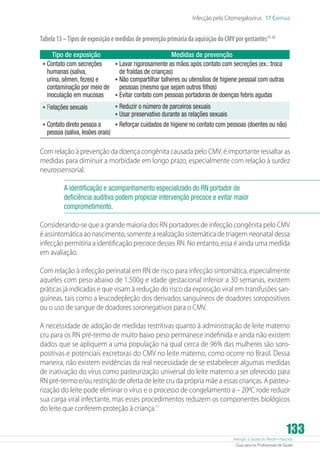 Infecção pelo Citomegalovírus 17 Capítulo

Tabela 13 – Tipos de exposição e medidas de prevenção primária da aquisição do CMV por gestantes19, 20
Tipo de exposição

•	Contato com secreções

humanas (saliva,
urina, sêmen, fezes) e
contaminação por meio de
inoculação em mucosas

•	Relações sexuais
•	Contato direto pessoa a

pessoa (saliva, lesões orais)

Medidas de prevenção

•	Lavar rigorosamente as mãos após contato com secreções (ex.: troca
de fraldas de crianças)

•	Não compartilhar talheres ou utensílios de higiene pessoal com outras
pessoas (mesmo que sejam outros filhos)

•	Evitar contato com pessoas portadoras de doenças febris agudas
•	Reduzir o número de parceiros sexuais
•	Usar preservativo durante as relações sexuais
•	Reforçar cuidados de higiene no contato com pessoas (doentes ou não)

Com relação à prevenção da doença congênita causada pelo CMV, é importante ressaltar as
medidas para diminuir a morbidade em longo prazo, especialmente com relação à surdez
neurossensorial.
A identificação e acompanhamento especializado do RN portador de
deficiência auditiva podem propiciar intervenção precoce e evitar maior
comprometimento.
Considerando-se que a grande maioria dos RN portadores de infecção congênita pelo CMV
é assintomática ao nascimento, somente a realização sistemática de triagem neonatal dessa
infecção permitiria a identificação precoce desses RN. No entanto, essa é ainda uma medida
em avaliação.
Com relação à infecção perinatal em RN de risco para infecção sintomática, especialmente
aqueles com peso abaixo de 1.500g e idade gestacional inferior a 30 semanas, existem
práticas já indicadas e que visam à redução do risco da exposição viral em transfusões sanguíneas, tais como a leucodepleção dos derivados sanguíneos de doadores soropositivos
ou o uso de sangue de doadores soronegativos para o CMV.
A necessidade de adoção de medidas restritivas quanto à administração de leite materno
cru para os RN pré-termo de muito baixo peso permanece indefinida e ainda não existem
dados que se apliquem a uma população na qual cerca de 96% das mulheres são soropositivas e potenciais excretoras do CMV no leite materno, como ocorre no Brasil. Dessa
maneira, não existem evidências da real necessidade de se estabelecer algumas medidas
de inativação do vírus como pasteurização universal do leite materno a ser oferecido para
RN pré-termo e/ou restrição de oferta de leite cru da própria mãe a essas crianças. A pasteurização do leite pode eliminar o vírus e o processo de congelamento a – 20ºC rode reduzir
sua carga viral infectante, mas esses procedimentos reduzem os componentes biológicos
do leite que conferem proteção à criança.11

133

Atenção à Saúde do Recém-Nascido
Guia para os Profissionais de Saúde

 