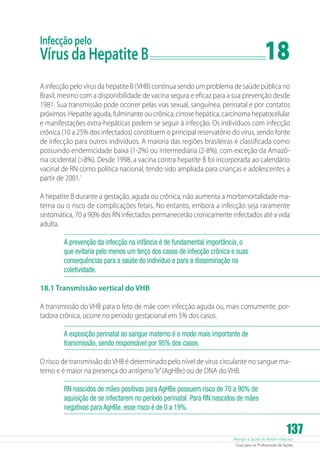 18

Infecção pelo

Vírus da Hepatite B	

A infecção pelo vírus da hepatite B (VHB) continua sendo um problema de saúde pública no
Brasil, mesmo com a disponibilidade de vacina segura e eficaz para a sua prevenção desde
1981. Sua transmissão pode ocorrer pelas vias sexual, sanguínea, perinatal e por contatos
próximos. Hepatite aguda, fulminante ou crônica, cirrose hepática, carcinoma hepatocelular
e manifestações extra-hepáticas podem se seguir à infecção. Os indivíduos com infecção
crônica (10 a 25% dos infectados) constituem o principal reservatório do vírus, sendo fonte
de infecção para outros indivíduos. A maioria das regiões brasileiras é classificada como
possuindo endemicidade baixa (1-2%) ou intermediária (2-8%), com exceção da Amazônia ocidental (8%). Desde 1998, a vacina contra hepatite B foi incorporada ao calendário
vacinal de RN como política nacional, tendo sido ampliada para crianças e adolescentes a
partir de 2001.1
A hepatite B durante a gestação, aguda ou crônica, não aumenta a morbimortalidade materna ou o risco de complicações fetais. No entanto, embora a infecção seja raramente
sintomática, 70 a 90% dos RN infectados permanecerão cronicamente infectados até a vida
adulta.
A prevenção da infecção na infância é de fundamental importância, o
que evitaria pelo menos um terço dos casos de infecção crônica e suas
consequências para a saúde do indivíduo e para a disseminação na
coletividade.
18.1 Transmissão vertical do VHB
A transmissão do VHB para o feto de mãe com infecção aguda ou, mais comumente, portadora crônica, ocorre no período gestacional em 5% dos casos.
A exposição perinatal ao sangue materno é o modo mais importante de
transmissão, sendo responsável por 95% dos casos.
O risco de transmissão do VHB é determinado pelo nível de vírus circulante no sangue materno e é maior na presença do antígeno “e” (AgHBe) ou de DNA do VHB.
RN nascidos de mães positivas para AgHBe possuem risco de 70 a 90% de
aquisição de se infectarem no período perinatal. Para RN nascidos de mães
negativas para AgHBe, esse risco é de 0 a 19%.

137

Atenção à Saúde do Recém-Nascido
Guia para os Profissionais de Saúde

 