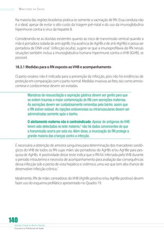 Ministério

da

Saúde

Na maioria das regiões brasileiras pratica-se somente a vacinação de RN. Essa conduta não
é a ideal, apesar de evitar o alto custo da triagem pré-natal e do uso da imunoglobulina
hiperimune contra o vírus da hepatite B.
Considerando-se as dúvidas existentes quanto ao risco de transmissão vertical quando a
mãe é portadora isolada de anti-agHBc (na ausência de AgHBs e de anti-AgHBs) e possa ser
portadora de DNA viral,5 (infecção oculta), sugere-se que a imunoprofilaxia do RN nessas
situações também inclua a imunoglobulina humana hiperimune contra o VHB (IGHB), se
possível.
18.3.1 Medidas para o RN exposto ao VHB e acompanhamento
O parto cesáreo não é indicado para a prevenção da infecção, pois não há evidências de
proteção em comparação com o parto normal. Medidas invasivas ao feto, tais como amniocentese e cordocentese devem ser evitadas.
Manobras de ressuscitação e aspiração gástrica devem ser gentis para que
se evitem traumas e maior contaminação do RN com secreções maternas.
As secreções devem ser cuidadosamente removidas pelo banho, assim que
o RN estiver estável. As injeções endovenosas ou intramusculares devem ser
administradas somente após o banho.
O aleitamento materno não é contraindicado. Apesar de antígenos do VHB
terem sido detectados no leite materno,6 não há dados convincentes de que
a transmissão ocorra por esta via. Além disso, a imunização do RN protege a
grande maioria das crianças contra a infecção.
É necessária a obtenção de amostra sanguínea para determinação dos marcadores sorológicos do VHB de todos os RN cujas mães são portadoras do AgHBs e/ou AgHBe para pesquisa de AgHBs. A positividade desse teste indica que o RN foi infectada pelo VHB durante
o período intrauterino e necessita de acompanhamento para avaliação das consequências
dessa infecção sob o ponto de vista hepático e sistêmico, uma vez que tem alta chance de
desenvolver infecção crônica.7
Idealmente, RN de mães carreadoras do VHB (AgHBs positivo e/ou AgHBe positivo) devem
fazer uso do esquema profilático apresentado no Quadro 19.

140

Atenção à Saúde do Recém-Nascido
Guia para os Profissionais de Saúde

 