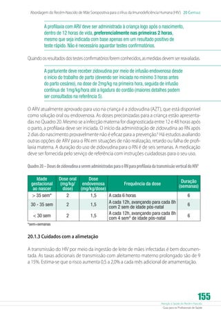 Abordagem do Recém-Nascido de Mãe Soropositiva para o Vírus da Imunodeficiência Humana (HIV) 20 Capítulo

A profilaxia com ARV deve ser administrada à criança logo após o nascimento,
dentro de 12 horas de vida, preferencialmente nas primeiras 2 horas,
mesmo que seja indicada com base apenas em um resultado positivo de
teste rápido. Não é necessário aguardar testes confirmatórios.
Quando os resultados dos testes confirmatórios forem conhecidos, as medidas devem ser reavaliadas.
A parturiente deve receber zidovudina por meio de infusão endovenosa desde
o início do trabalho de parto (devendo ser iniciada no mínimo 3 horas antes
do parto cesáreo), na dose de 2mg/kg na primeira hora, seguida de infusão
contínua de 1mg/kg/hora até a ligadura do cordão (maiores detalhes podem
ser consultados na referência 5).
O ARV atualmente aprovado para uso na criança é a zidovudina (AZT), que está disponível
como solução oral ou endovenosa. As doses preconizadas para a criança estão apresentadas no Quadro 20. Mesmo se a infecção materna for diagnosticada entre 12 e 48 horas após
o parto, a profilaxia deve ser iniciada. O início da administração de zidovudina ao RN após
2 dias do nascimento provavelmente não é eficaz para a prevenção.6 Há estudos avaliando
outras opções de ARV para o RN em situações de não realização, retardo ou falha de profilaxia materna. A duração do uso de zidovudina para o RN é de seis semanas. A medicação
deve ser fornecida pelo serviço de referência com instruções cuidadosas para o seu uso.
Quadro 20 – Doses de zidovudina a serem administradas para o RN para profilaxia da transmissão vertical do HIV5
Idade
gestacional
ao nascer
 35 sem*
30 - 35 sem
 30 sem

Dose oral
Dose
Duração
(mg/kg/ endovenosa
Frequência da dose
(semanas)
dose)
(mg/kg/dose)
2
1,5
A cada 6 horas
6
A cada 12h, avançando para cada 8h
2
1,5
6
com 2 sem de idade pós-natal
A cada 12h, avançando para cada 8h
2
1,5
6
com 4 sem* de idade pós-natal

*sem=semanas

20.1.3 Cuidados com a alimetação
A transmissão do HIV por meio da ingestão de leite de mães infectadas é bem documentada. As taxas adicionais de transmissão com aleitamento materno prolongado são de 9
a 15%. Estima-se que o risco aumenta 0,5 a 2,0% a cada mês adicional de amamentação.

155

Atenção à Saúde do Recém-Nascido
Guia para os Profissionais de Saúde

 